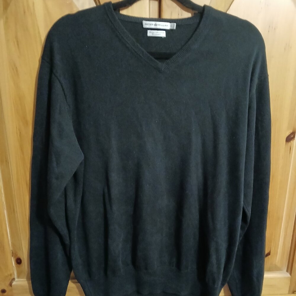 PETER MILLAR Men's V-Neck Sweater Large Black Silk/Cotton/Cashmere Pullover EUC
